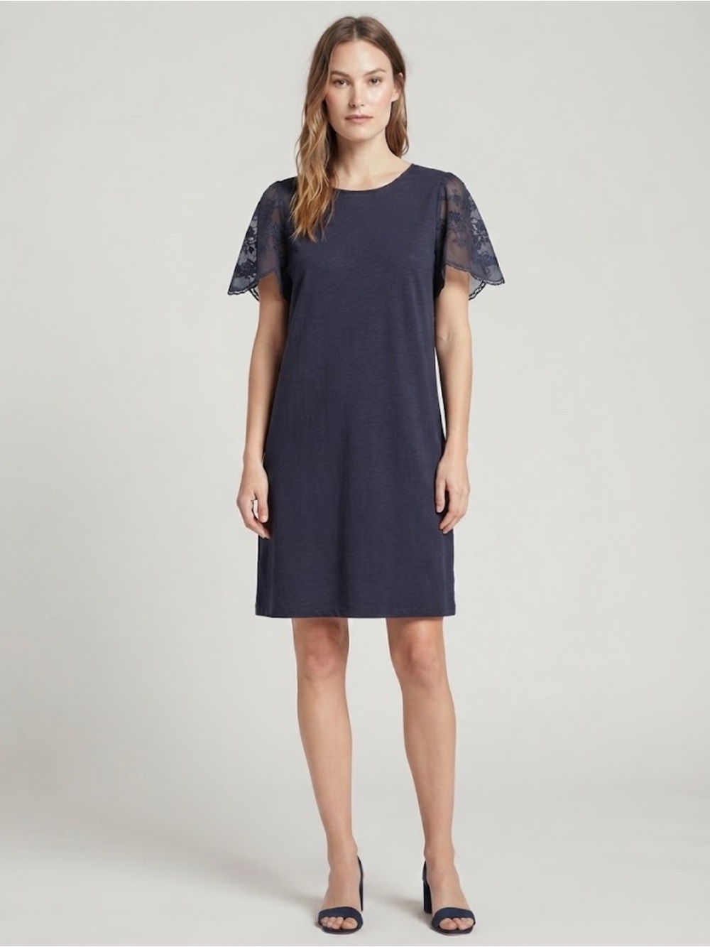Express Navy Lace Flutter-Sleeve Shift Dress